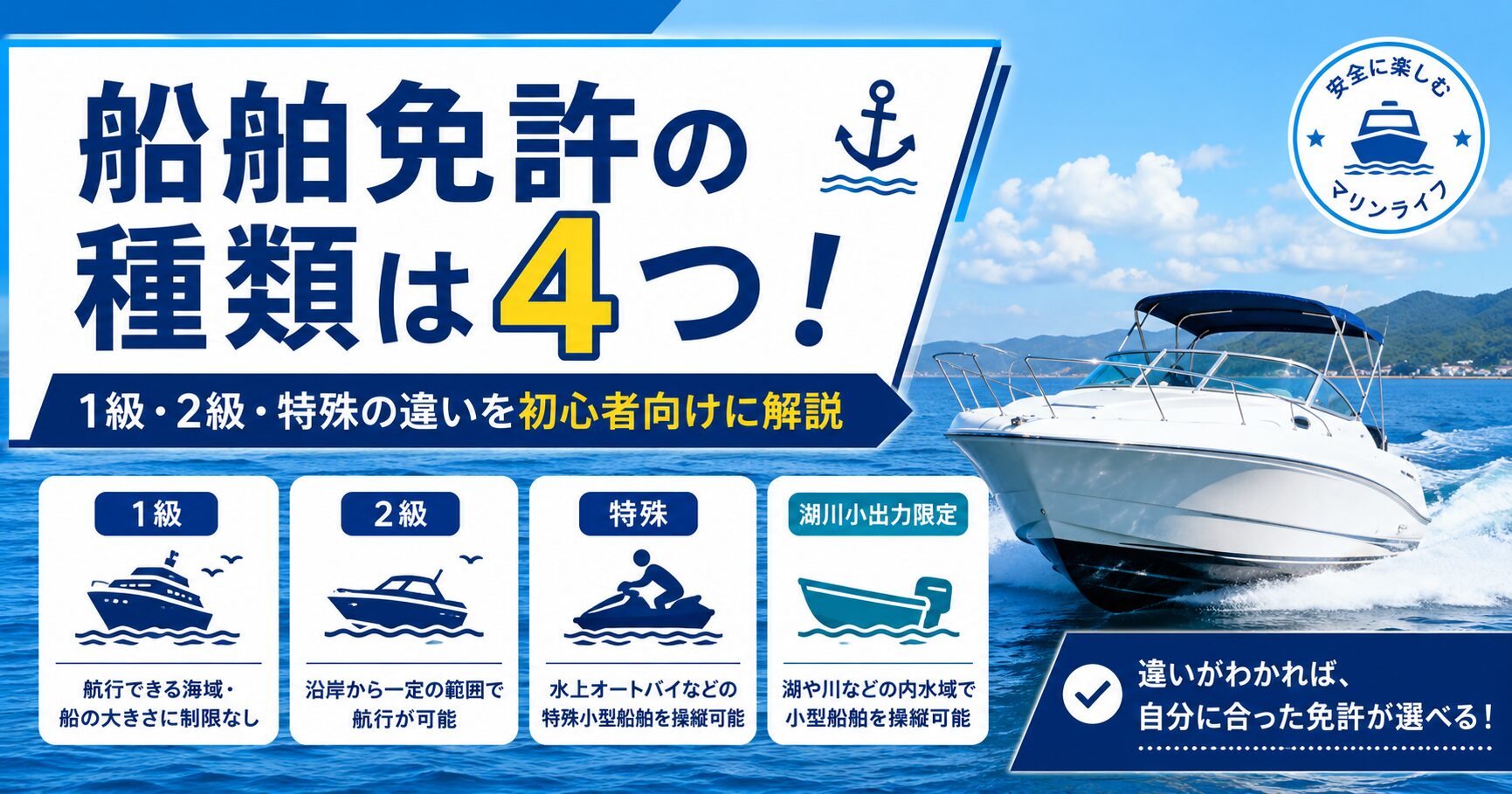 船舶免許の種類は4つ！1級・2級・特殊の違いを初心者向けに解説