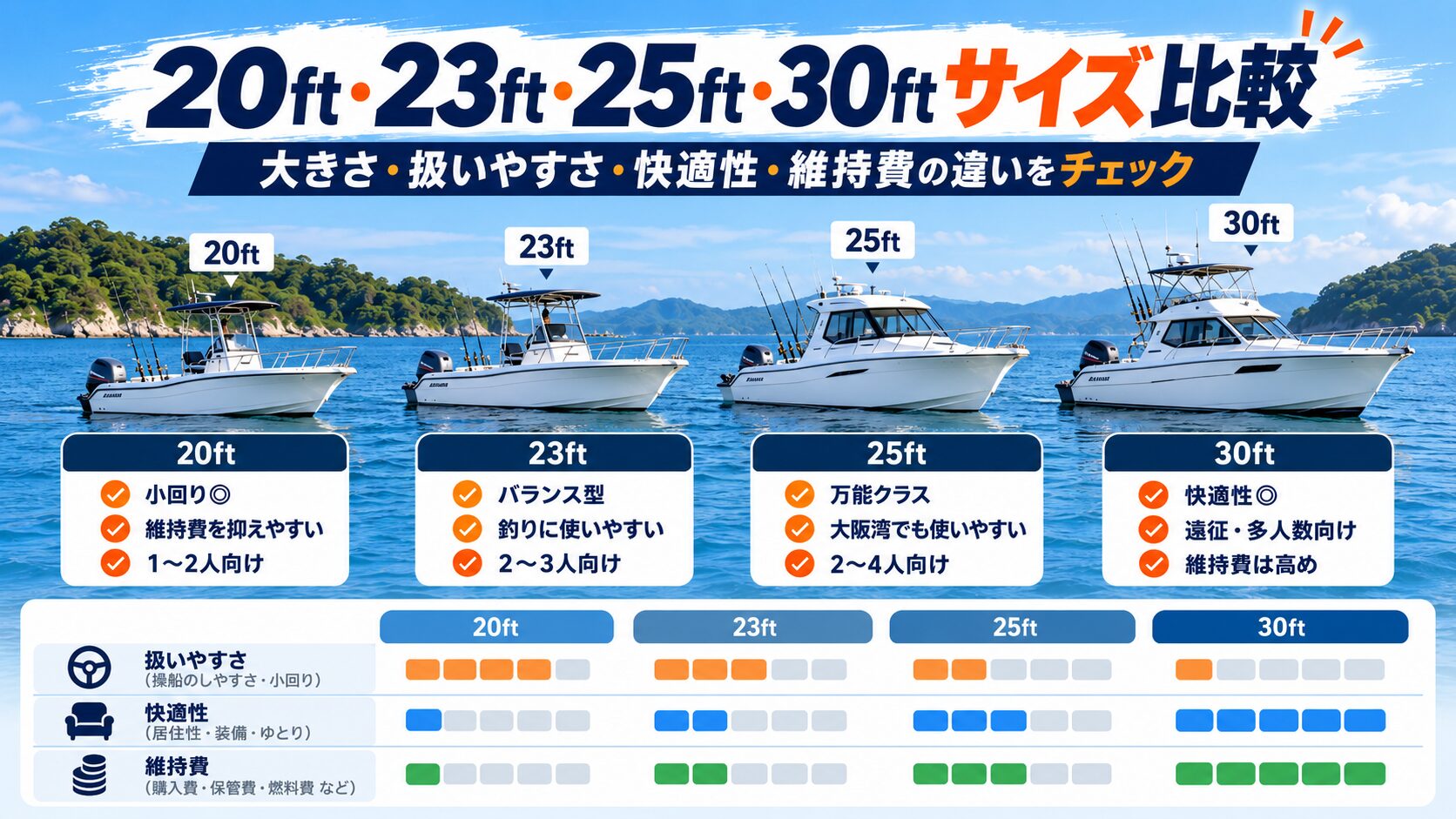 20ft・23ft・25ft・30ftのプレジャーボートサイズ比較