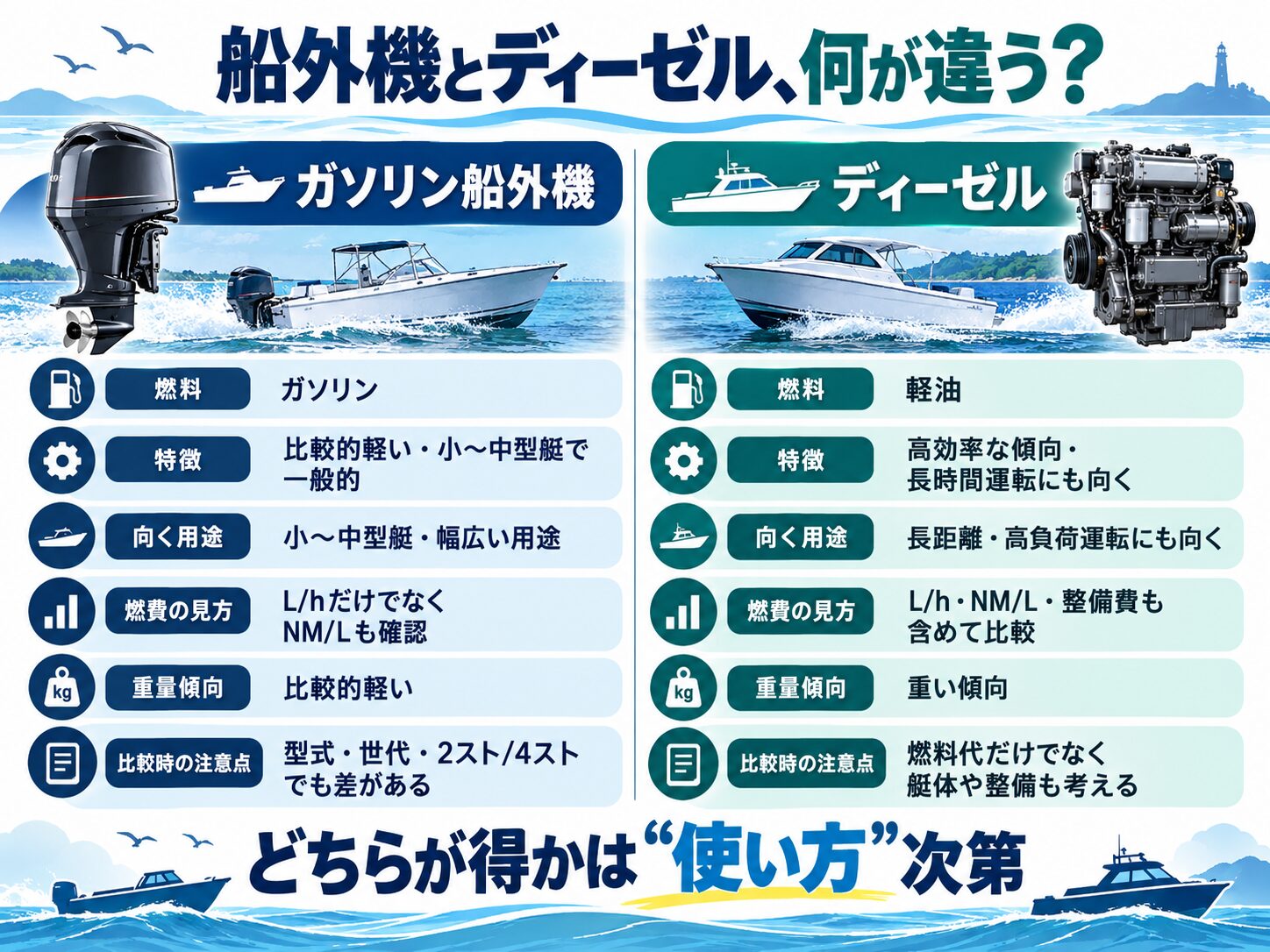 ガソリン船外機とディーゼルの燃料、重量、用途、維持費の比較
