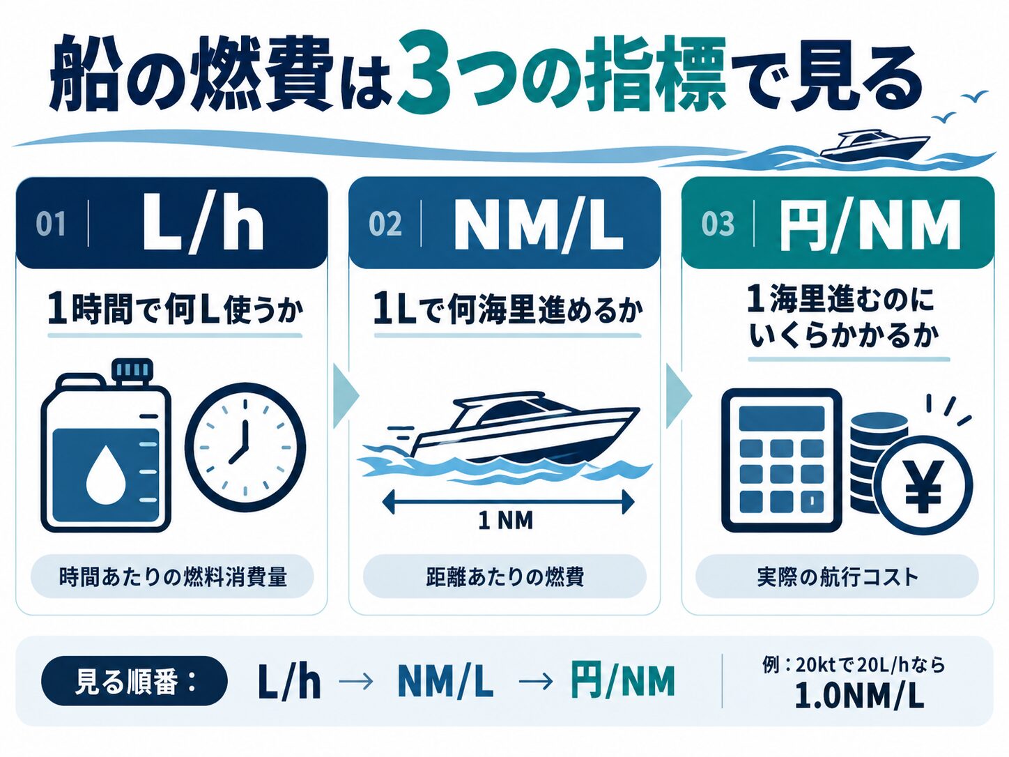船の燃費を比較する3つの指標:L/h、NM/L、円/NM
